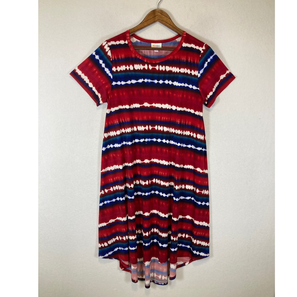 Americana LuLaRoe Women Small Red Blue Tie Dye Carly High Low Swing Dress